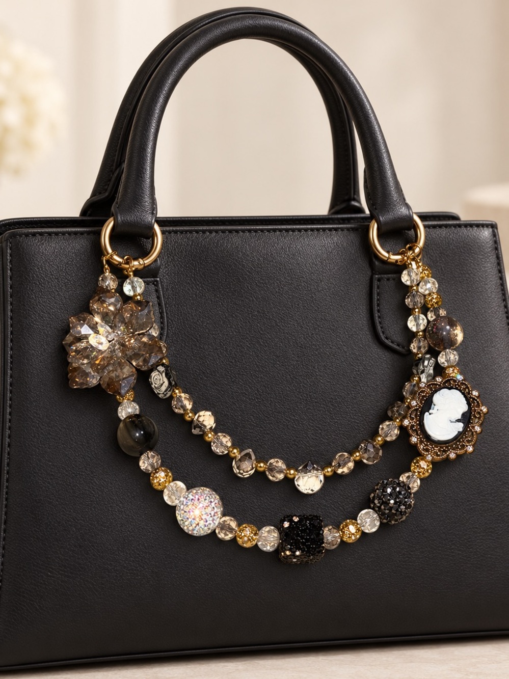 Gold and Black Flower Beaded Bag Charm